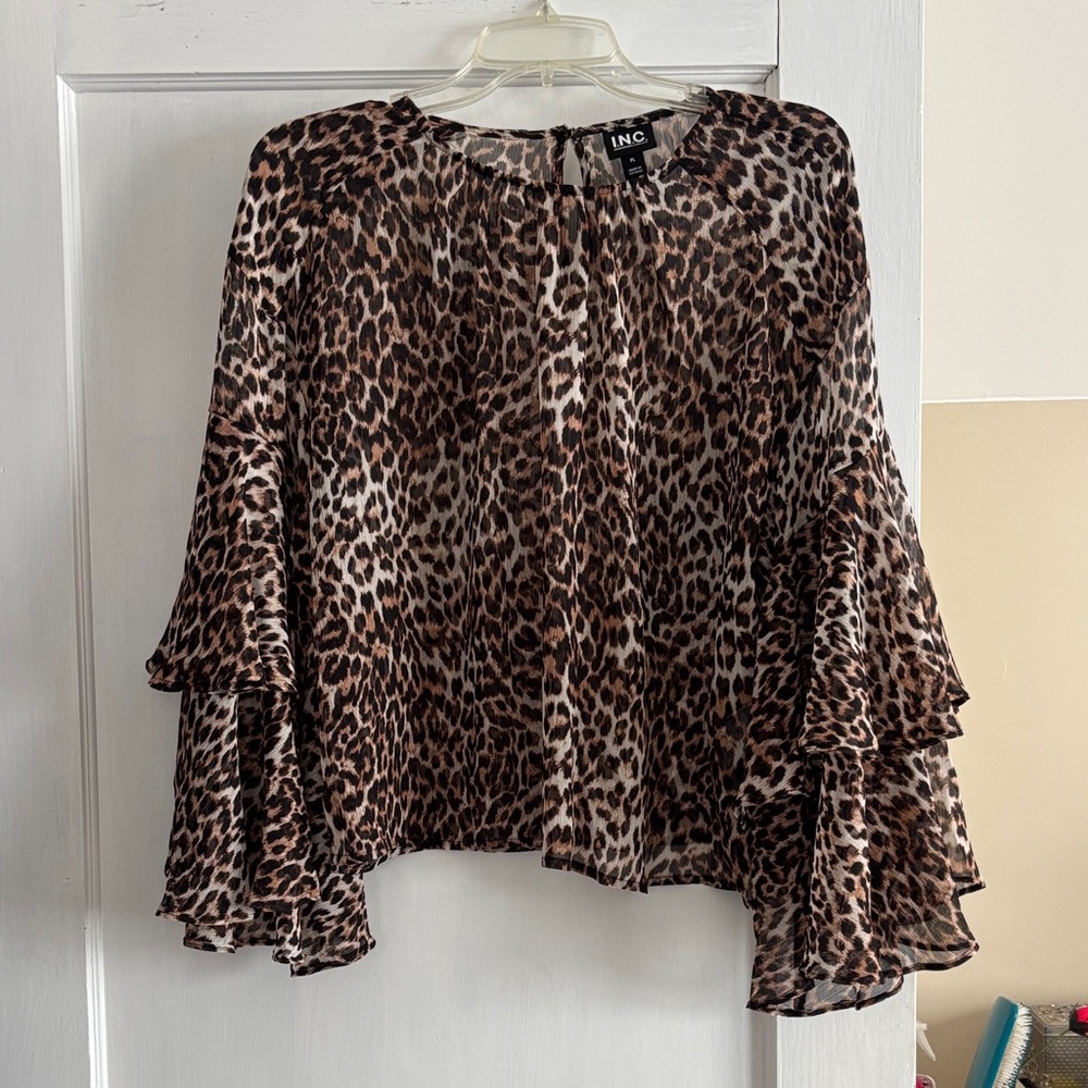 INC International Concepts Women's Animal Print Ruffle Sleeve Blouse